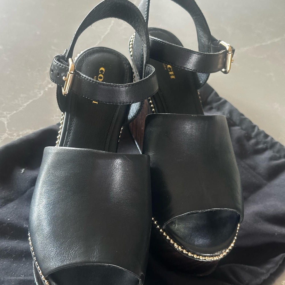 Coach Black Leather Wedge Sandals - Picture 4 of 6